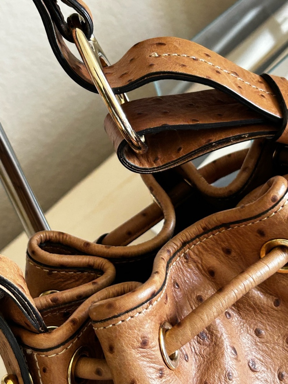 Dooney & Bourke Tan Ostrich-Embossed Drawstring Bucket Bag - Picture 4 of 17